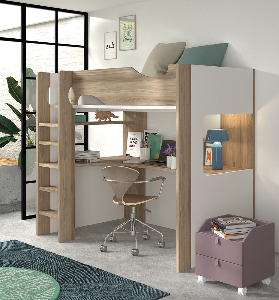 Dormitorio juvenil cama alta y escritorio debajo 201-207 - Mueblecope