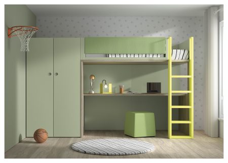 habitación con litera y escritorio debajo