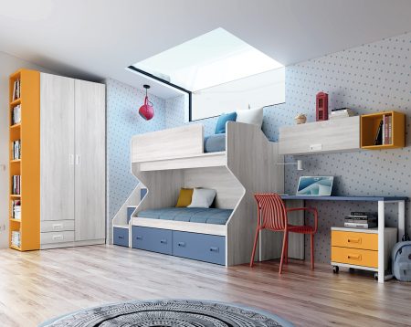 Dormitorio juvenil doble con literas y escalera con cajones 36-263